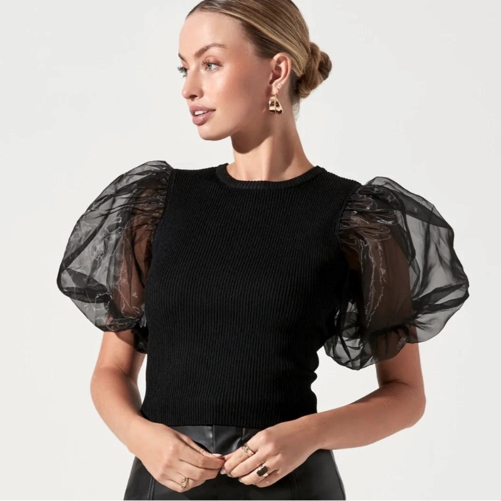Astr The Label - Avery Organza Puffed Sleeve Open Back Top NWT